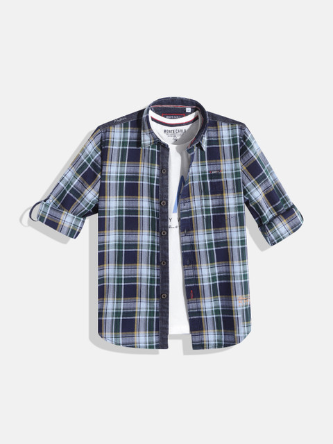

Monte Carlo Boys Navy Blue & Green Checked Cotton Casual Shirt with T-shirt