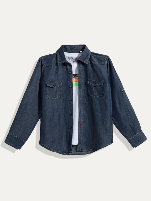

Monte Carlo Boys Navy Blue Solid Cotton Denim Casual Shirt with Printed T-shirt