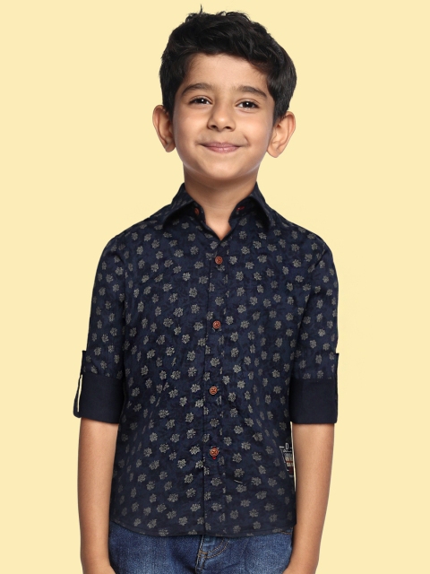 

Monte Carlo Boys Navy Blue & Off-White Floral Print Casual Shirt