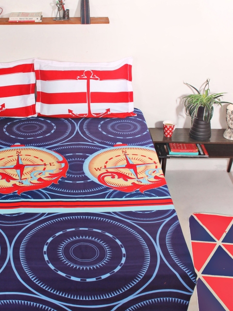

Portico New York Blue & Red 210 TC Fine Cotton Double Bedsheet with 2 Pillow Covers