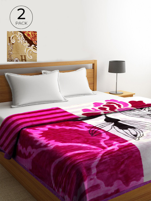 

KLOTTHE Pink & Beige Set of 2 Floral Heavy Winter Double Bed Blanket