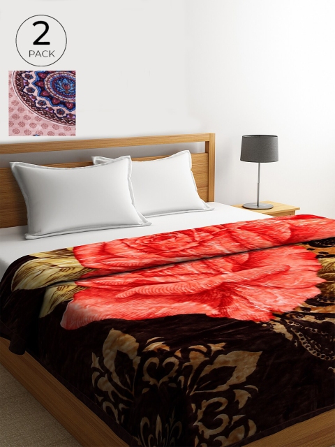 

KLOTTHE Brown & Pink Set of 2 Floral Heavy Winter Double Bed Blanket