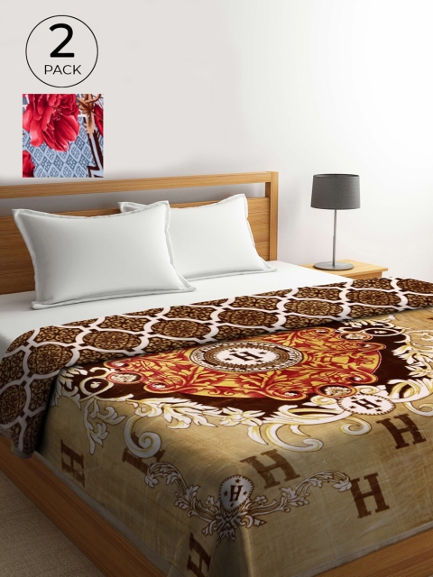 

KLOTTHE Set Of 2 Beige & Blue Floral Printed Heavy Winter 850 GSM Wool Double Bed Blanket
