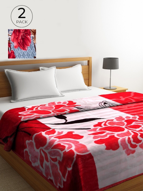 

KLOTTHE Red & Grey Set of 2 Floral 850 GSM Woo Heavy Winter Double Bed Blankets
