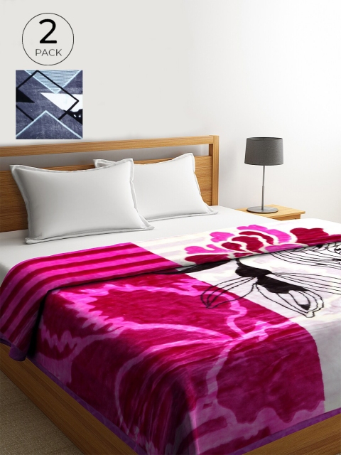

KLOTTHE Pink & White Set of 2 Floral Heavy Winter Double Bed Blanket