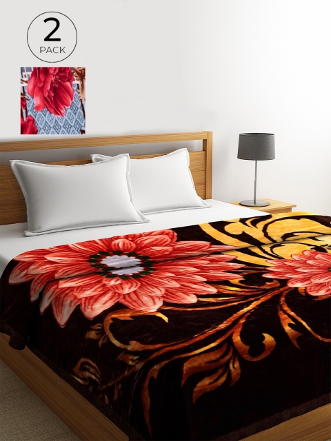 

KLOTTHE Brown & Blue Set of 2 Floral Heavy Winter Double Bed Blanket