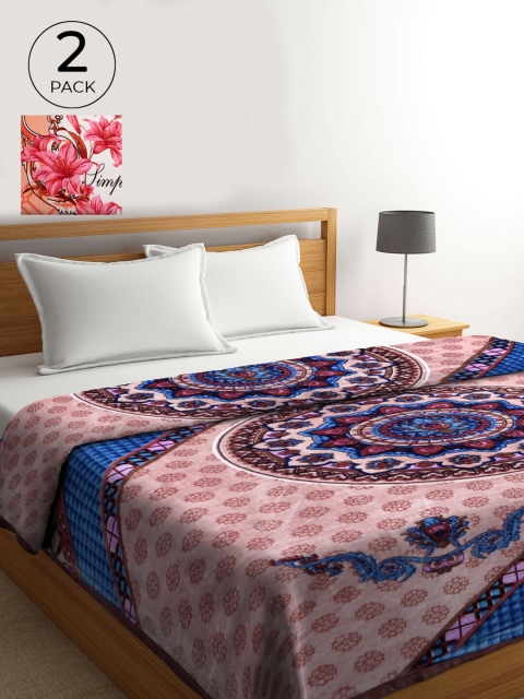 

KLOTTHE Blue & Orange Set of 2 Floral Heavy Winter Double Bed Blanket
