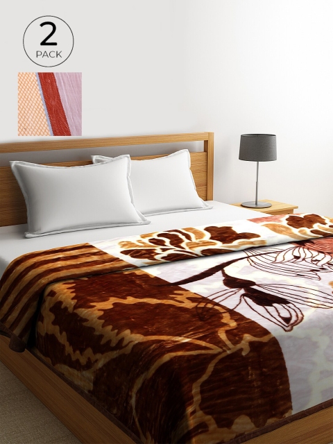 

KLOTTHE Brown & White Set of 2 Floral Heavy Winter Double Bed Blanket