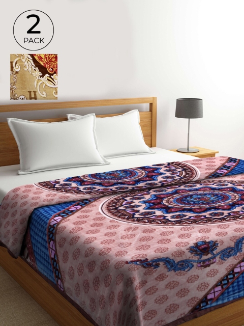 

KLOTTHE Set Of 2 Pink & Beige Ethnic Motifs 850 GSM Heavy Winter Wool Double Bed Blanket