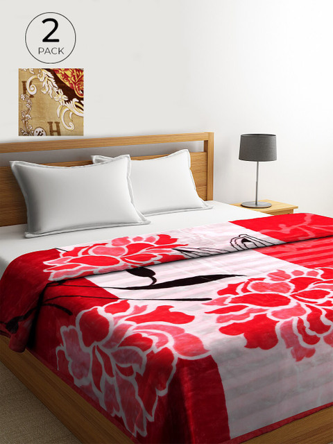 

KLOTTHE Red & Brown Set of 2 Floral Heavy Winter Double Bed Blanket