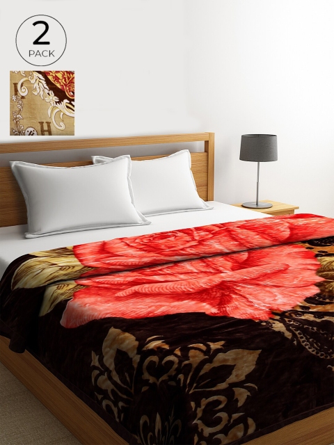 

KLOTTHE Pack Of 2 Brown & Beige Printed Heavy Winter 850 GSM Double Bed Blanket