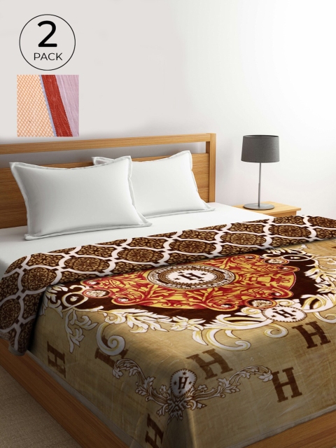 

KLOTTHE Beige & Orange Set of 2 Ethnic Motifs 850 GSM Heavy Winter Double Bed Blankets