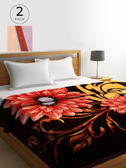 

KLOTTHE Black & Orange Set of 2 Floral 850 GSM Heavy Winter Double Bed Blankets