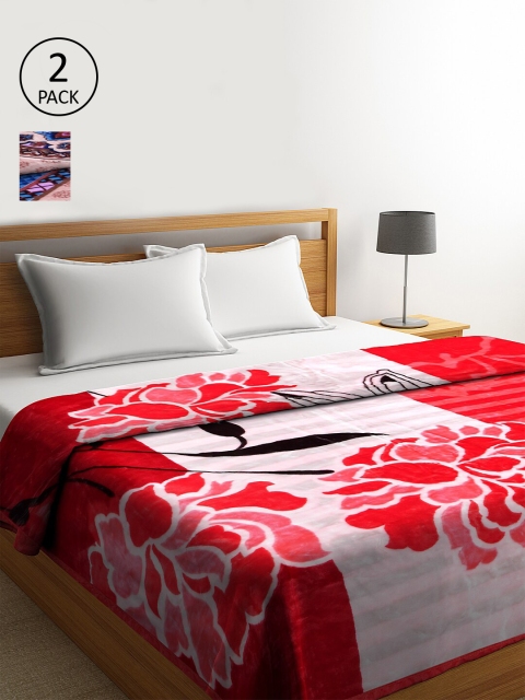 

KLOTTHE Pack of 2 Red & White Floral Heavy Winter Double Bed Blanket