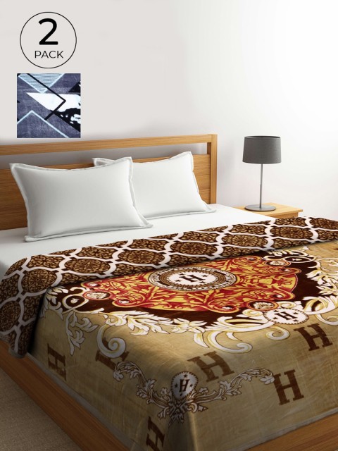 

KLOTTHE Pack of 2 Beige & Brown Floral Heavy Winter Double Bed Blanket