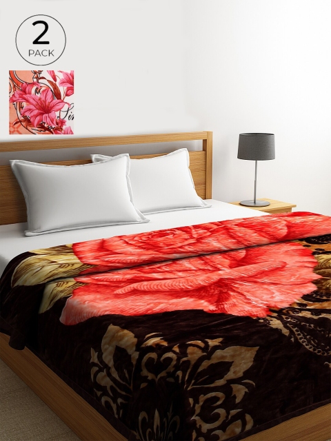 

KLOTTHE Red & Brown Set of 2 Floral Heavy Winter Double Bed Blanket