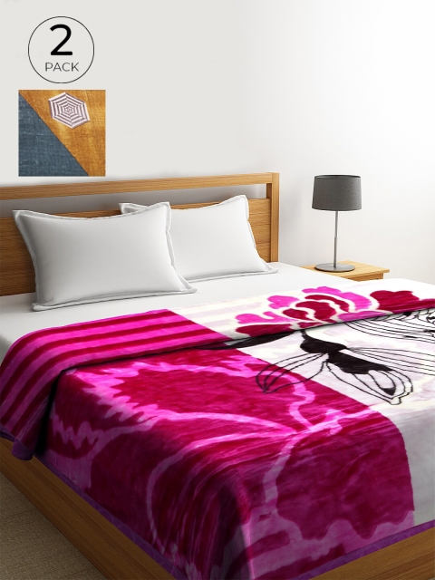 

KLOTTHE Pack of 2 Magenta & White Floral Heavy Winter Double Bed Blanket