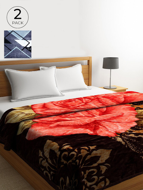 

KLOTTHE Pack Of 2 Grey & Brown Printed Heavy Winter 850 GSM Double Bed Blanket