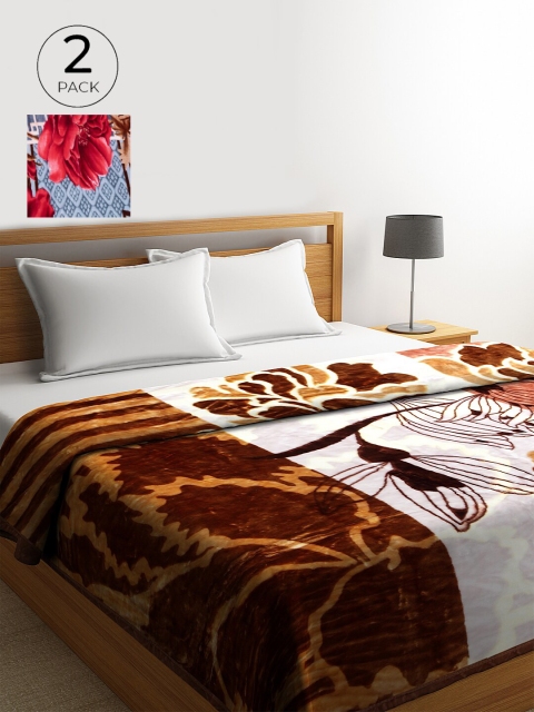 

KLOTTHE Pack of 2 Brown & White Floral Heavy Winter Double Bed Blanket