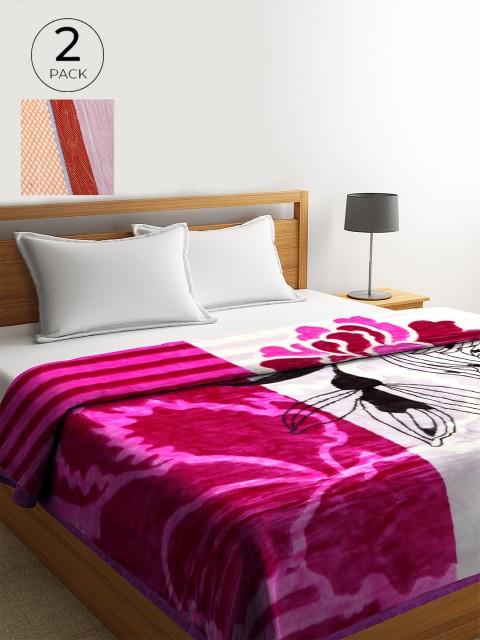 

KLOTTHE Pack of 2 Pink & White Floral Heavy Winter Wool Double Bed Blanket