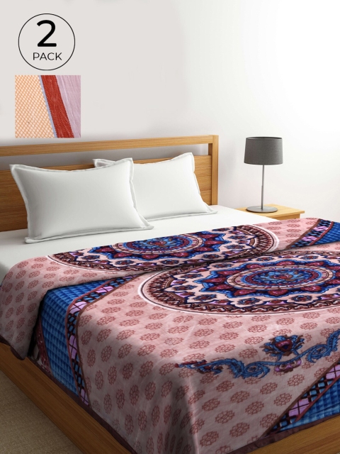 

KLOTTHE Pack Of 2 Pink & Beige Printed Heavy Winter 850 GSM Double Bed Blanket