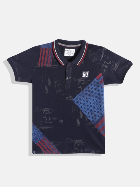 

Monte Carlo Boys Navy Blue & Grey Graphic Printed Cotton Polo Collar T-shirt