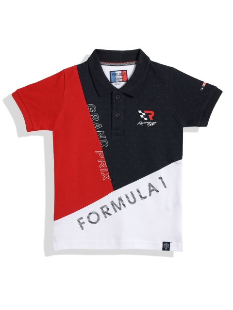 

Monte Carlo Boys Red & Navy Blue Colourblocked Cotton Polo Collar T-shirt