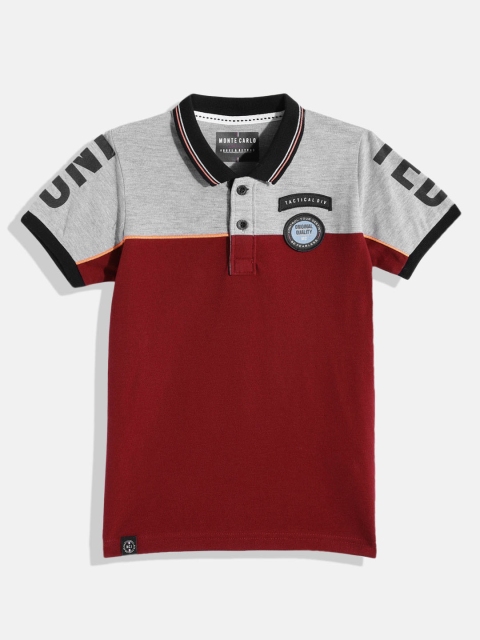 

Monte Carlo Boys Maroon & Grey Melange Colourblocked Polo Collar Pure Cotton Applique T-shirt