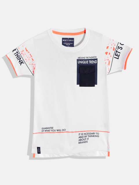

Monte Carlo Boys White & Navy Blue Typography Print Cotton T-shirt with Contrast Pocket