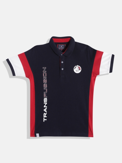

Monte Carlo Boys Navy Blue & White Pure Cotton Striped Polo Collar T-shirt