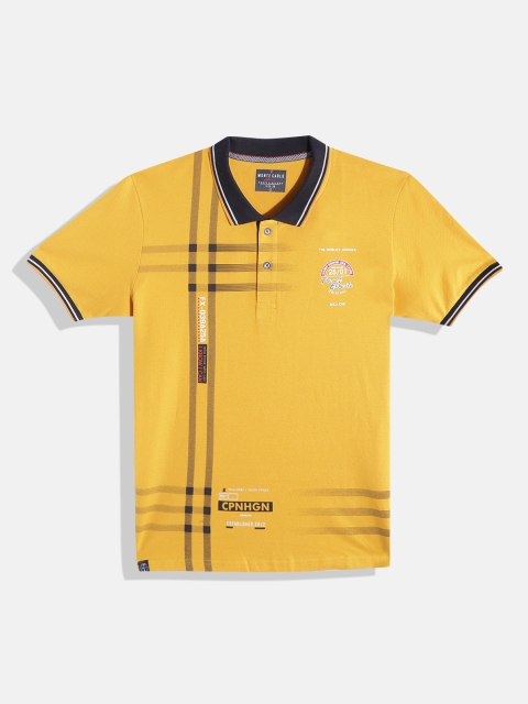 

Monte Carlo Boys Mustard Yellow & Navy Blue Pure Cotton Print Polo Collar T-shirt