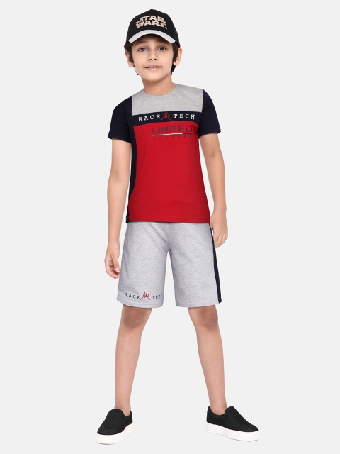 

Monte Carlo Boys Red & Navy Blue Typography Print Colourblocked T-shirt with Shorts