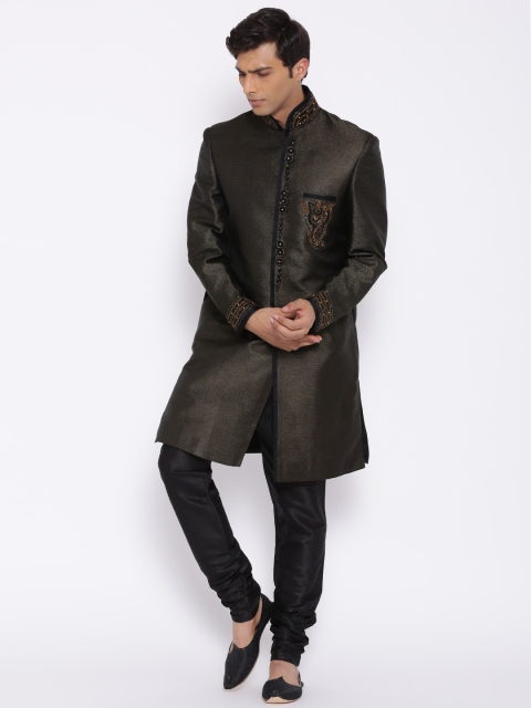 

Manish Creations Olive Green & Black Brocade Pattern Handcrafted Sherwani