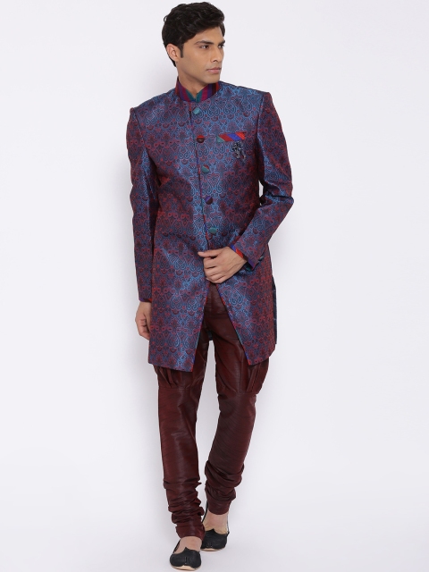 

Manish Creations Blue & Maroon Dual-Toned Brocade Pattern Handcrafted Sherwani