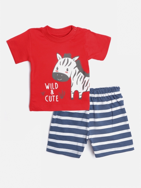 

TINYO Infant Boys Red & Navy Blue Pure Cotton Zebra Print T-shirt with Shorts