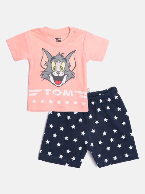 

TINYO Infant Boys Peach-Coloured & Navy Pure Cotton Tom & Jerry Print T-shirt with Shorts