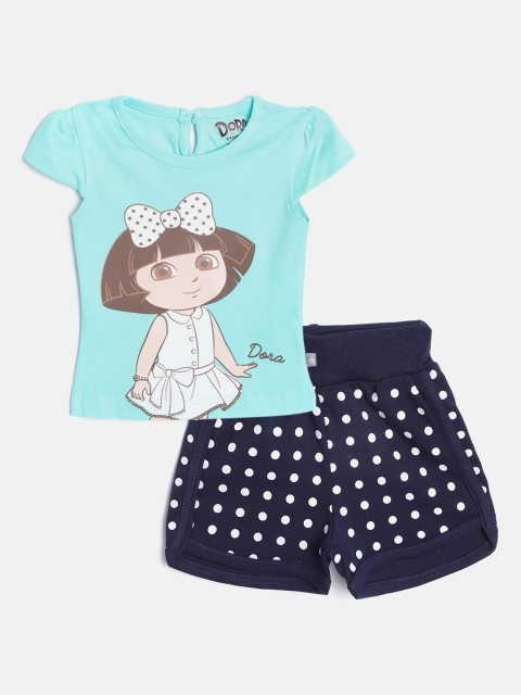 

TINYO Infant Girls Sea Green & Navy Blue Pure Cotton Dora Print Top with Shorts