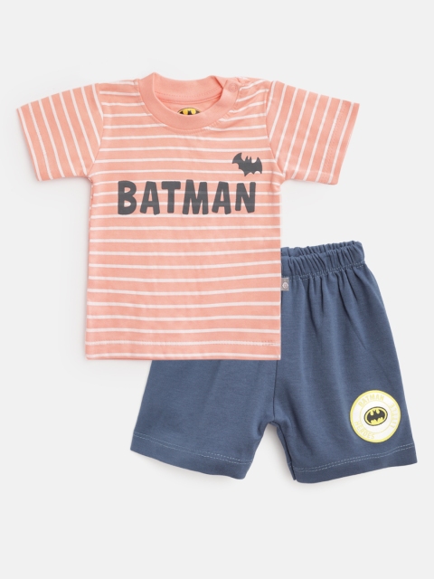 

TINYO Infant Boys Peach-Coloured & Navy Cotton Striped & Batman Print T-shirt with Shorts