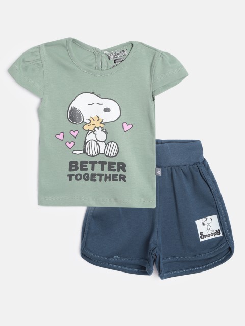 

TINYO Infant Girls Sage Green & Navy Blue Pure Cotton Snoopy Print Top with Shorts