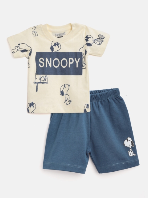 

TINYO Infant Boys Cream-Coloured & Teal Blue Pure Cotton Snoopy T-shirt with Shorts