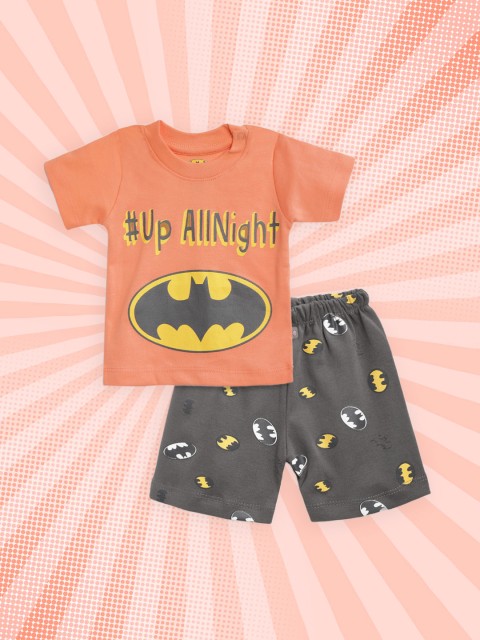 

TINYO Infant Boys Coral Orange & Charcoal Grey Cotton Batman Print T-shirt with Shorts
