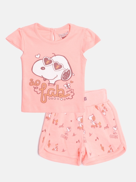 

TINYO Infant Girls Peach-Coloured & White Pure Cotton Snoopy Print Top with Shorts