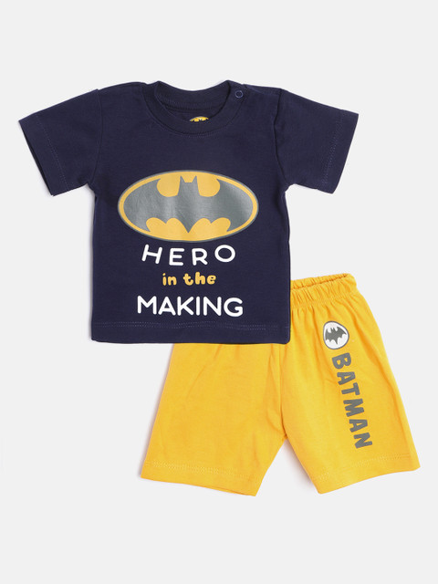 

TINYO Infant Boys Navy Blue & Mustard Yellow Pure Cotton Batman Print T-shirt with Shorts