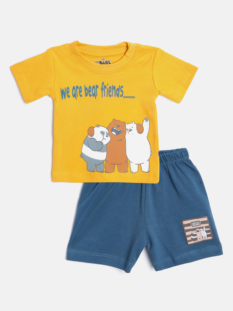 

TINYO Infant Boys Mustard Yellow & Teal Blue Pure Cotton Bears Print T-shirt with Shorts