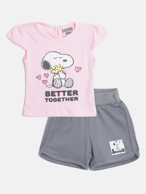 

TINYO Infant Girls Pink & Charcoal Grey Pure Cotton Snoopy Print Top with Shorts