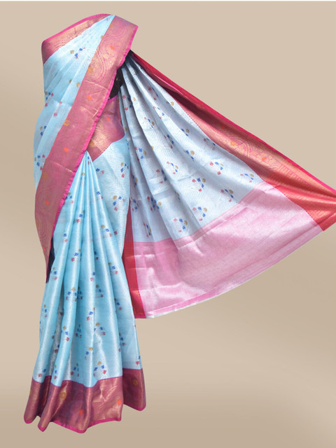 

The Chennai Silks Blue, Gold-Toned & Fuchsia Floral Organza Fusion Banarasi Saree