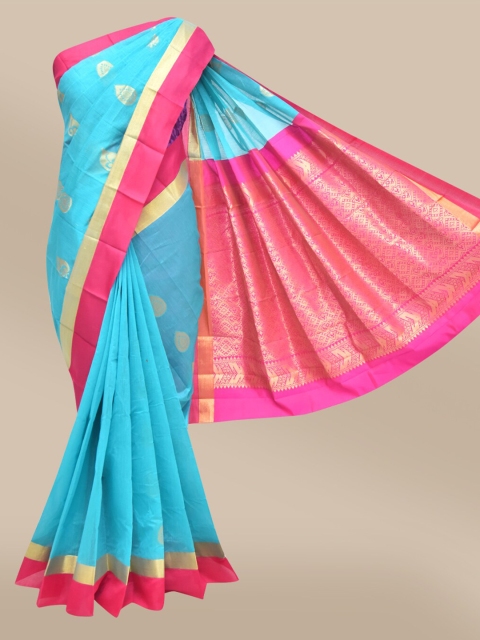 

The Chennai Silks Turquoise Blue & Gold-Toned Ethnic Motifs Zari Silk Cotton Fusion Maheshwari Saree
