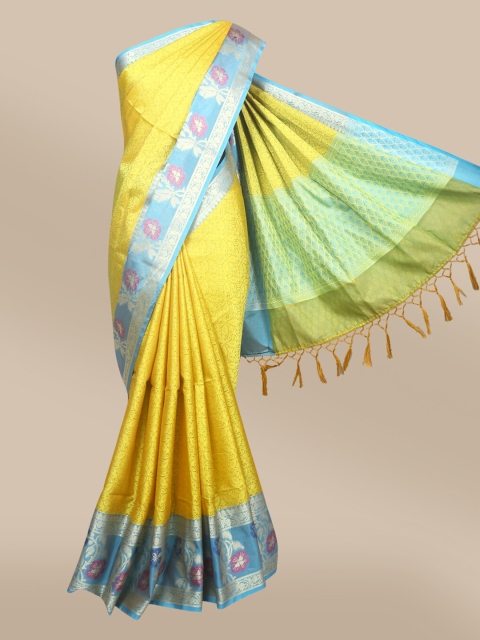 

The Chennai Silks Yellow & Blue Ethnic Motifs Zari Organza Fusion Banarasi Saree