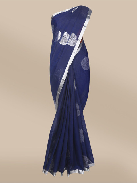 

The Chennai Silks Navy Blue & Silver-Toned Ethnic Motifs Zari Silk Cotton Fusion Maheshwari Saree