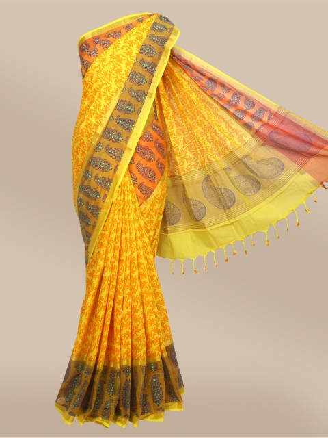 

The Chennai Silks Yellow & Orange Floral Zari Pure Cotton Fusion Chanderi Saree